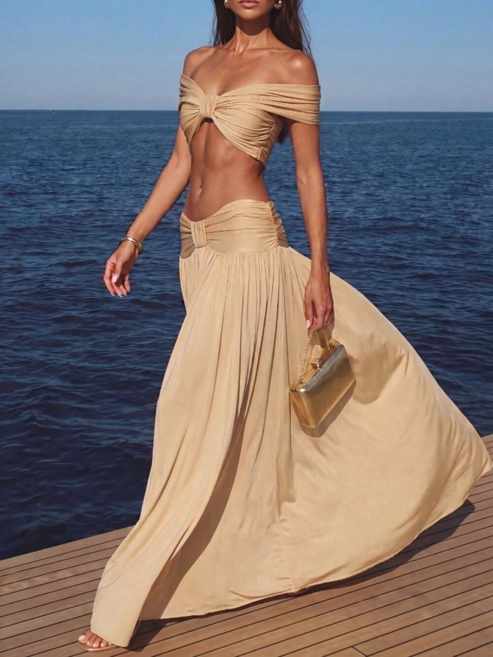 Apricot Boho Women's Off Shoulder Twist Cropped Top & Wide-Leg Pants 2-Piece Set